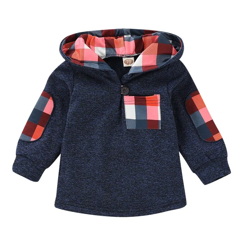 Синий Spring Autumn Toddler Baby Boy Girl Hooded Casual Cotton Comfortable Warm Lattice Pocket Hoodie Sweatshirt Tops Clothes - Цвет: Синий