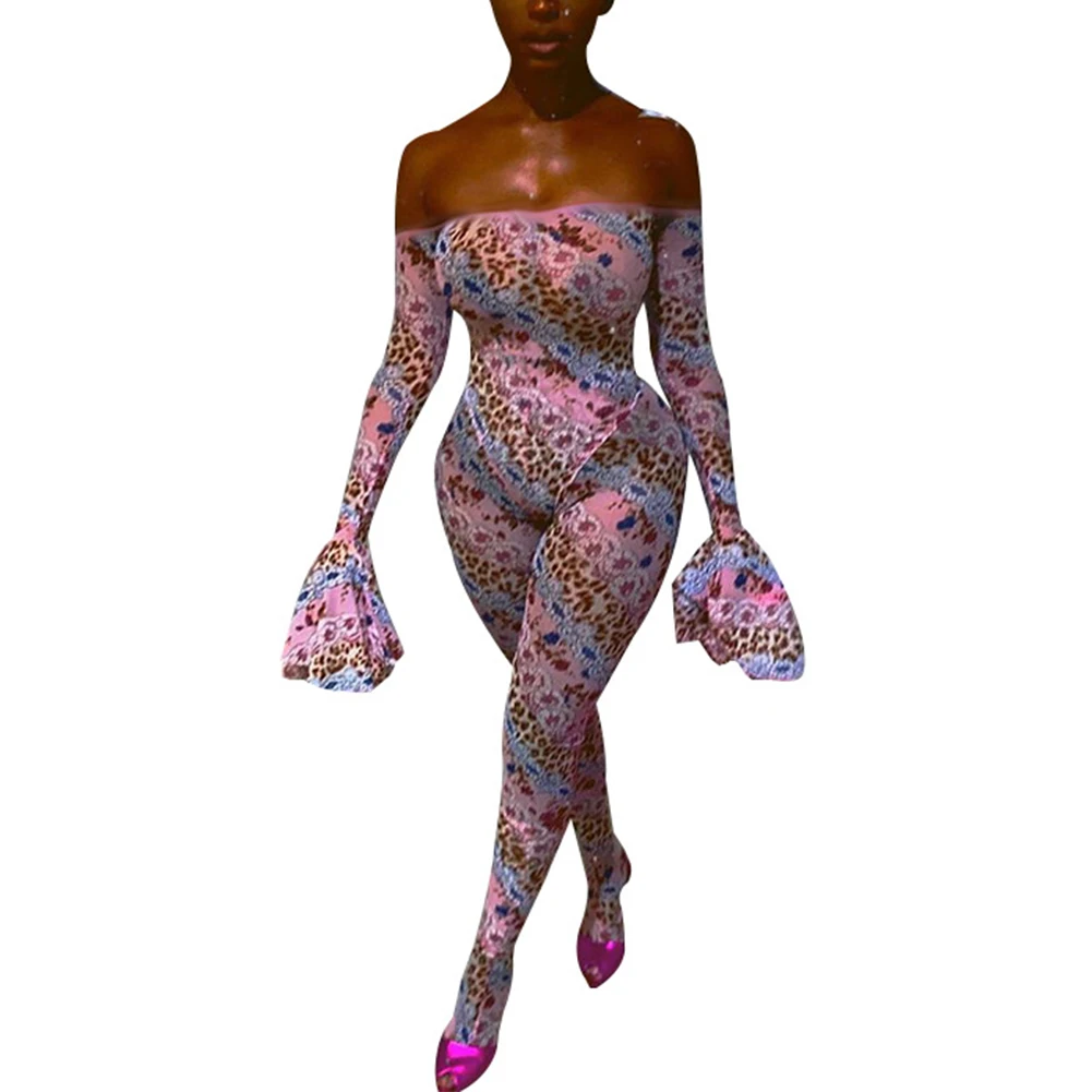 

Women Jumpsuits 2020 Summer Off Shoulder Printed Romper Flared Sleeve Jumpsuit Casual Ladies Playsuits