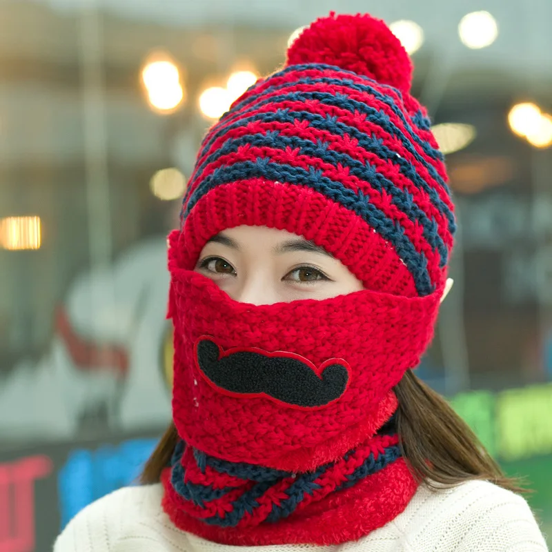 Red2 3pcs Осенне-зимняя женская вязаная шапка, шарф, наборы масок, утолщенная плюшевая шерсть, модная женская уличная ветрозащитная шапочка с помпоном - Цвет: Red2 3pcs