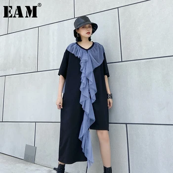 

[EAM] Women Black Mesh Ruffles Big Size Dress New Round Neck Half Sleeve Loose Fit Fashion Tide Spring Summer 2020 1U088
