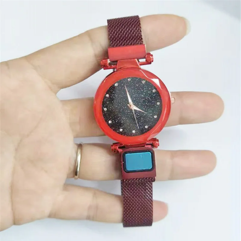 Женские часы, Роскошные, с магнитом, нержавеющая сталь, сетчатый ремешок, звездное небо, женские часы, стразы, часы с бриллиантовым браслетом, часы для подарка - Цвет: red watch