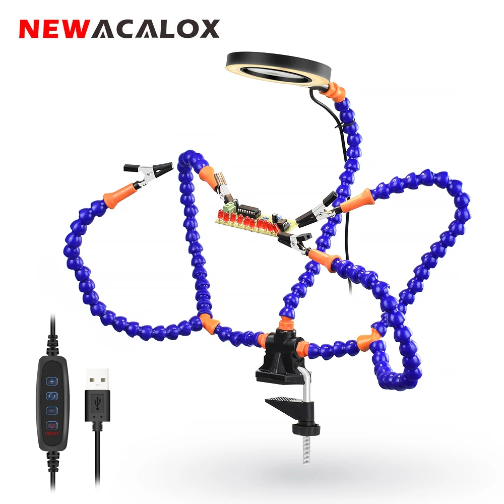 

NEWACALOX Desk Clip PCB Soldering Holder 3X Magnifier with LED Light Welding Helping Hand Flexible Arm Soldering Third Hand Tool