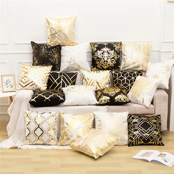 

Fuwatacchi Black Gold Foil Linen Cushion Cover Leaf Flowers Diamond Pillow Cover for Home Chair Sofa Decorative Pillows 45*45cm
