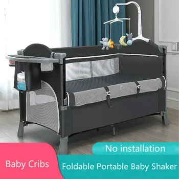 

Baby Crib Foldable Portable Mosquito Net Multifunctional Newborn Shaker No Installation Height Adjustable with Wheel Toddler Bed