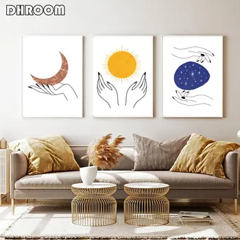 

Boho Wall Art Sun Moon Stars Poster Line Art Hands Holding Canvas Nordic Poster Abstract Painting Witchy Decoration Picture