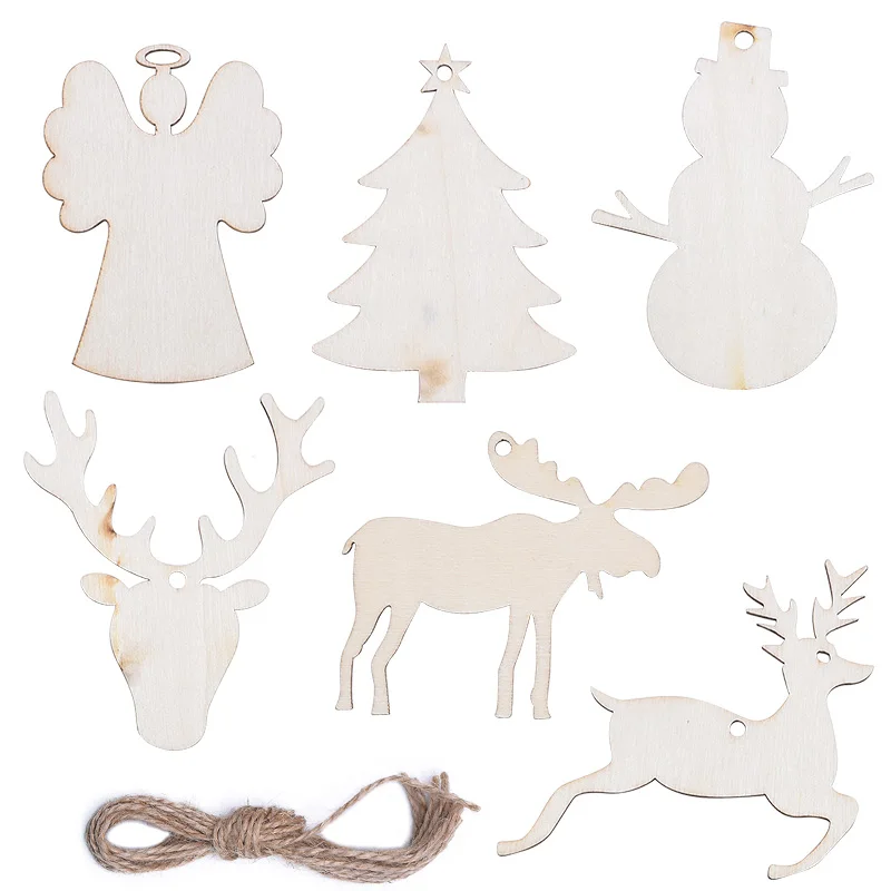 10pcs/lot Mini Wooden Christmas Ornament Elk Christmas Tree Hanging Pendant with Rope for New Year Xmas Party Home Decoration