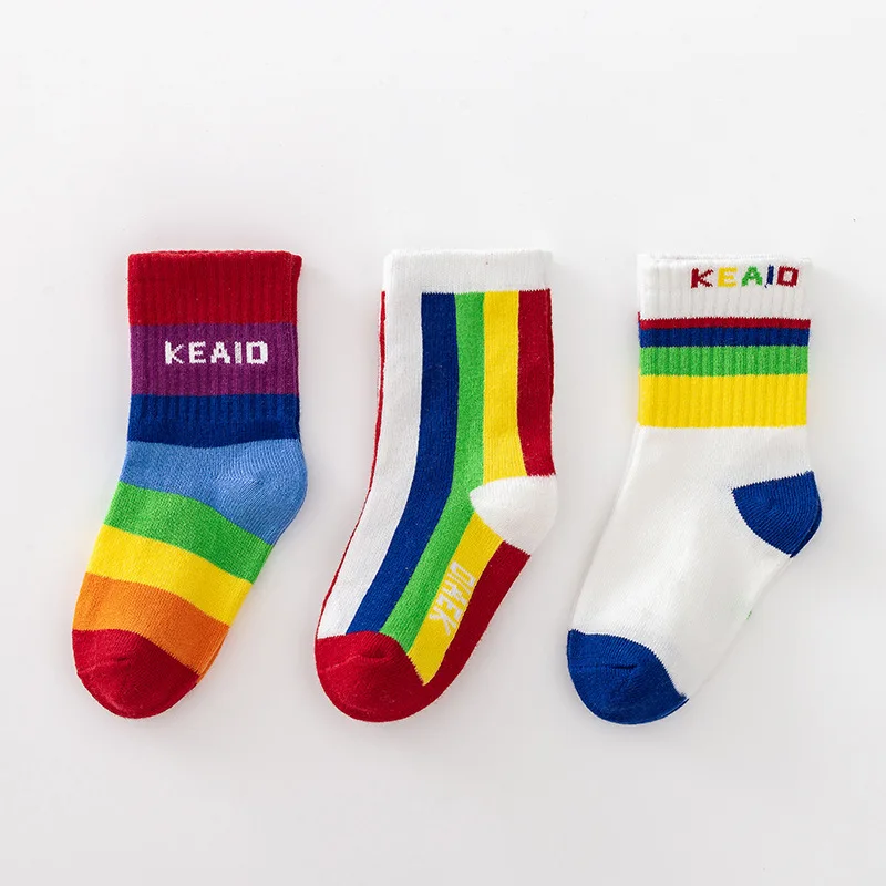 3 Pairs/Pack Autumn Winter New Children's Socks Boys And Girls Rainbow Striped In Tube Tide Socks Baby Kids Cotton Sport Socks 6