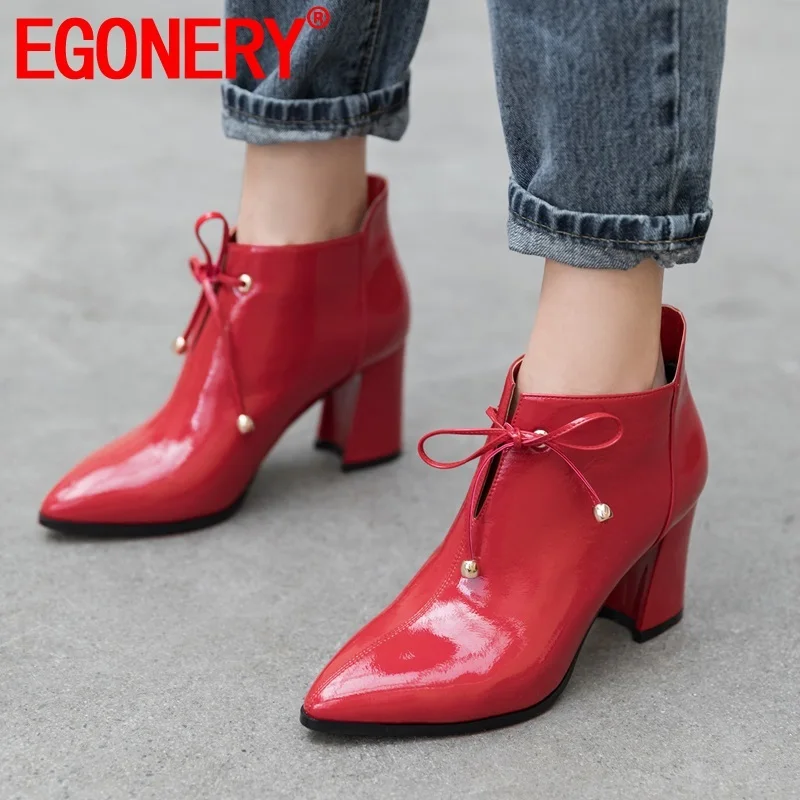 

EGONERY high quality office booties artificial patent leather booties autumn 7cm high heel women's shoes plus size ankle boots