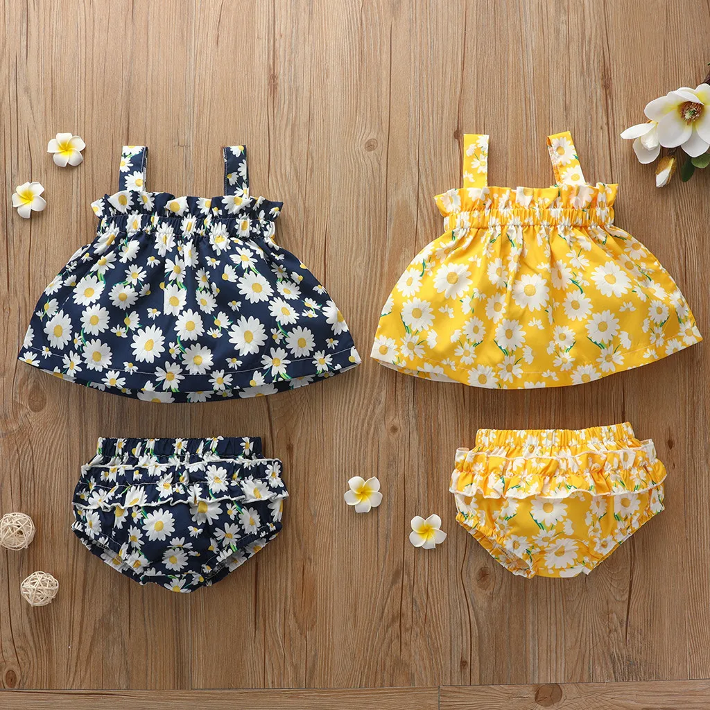 

Baby Clothing Sets 2020 Summer Sleeveless Tops Girls Two Piece Sets Short Pants+Tops Vest Set Sunflowers Patten For Baby 0-18