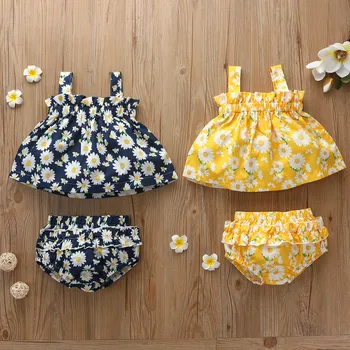 

Baby Clothing Sets 2020 Summer Sleeveless Tops Girls Two Piece Sets Short Pants+Tops Vest Set Sunflowers Patten For Baby 0-18