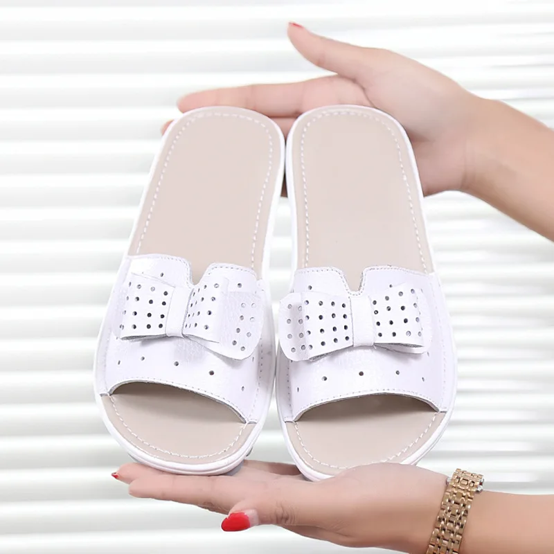 

Large Size Large Size Genuine Leather Women's Slippers Bow Students Hollow out Leisure Slippers