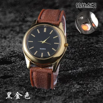 

USB Rechargeable Watch Lighter Upscale Leather Electronic Tungsten Heating Lighter Metal Smoking Accessories Men's Gifts Package