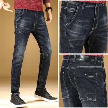 

Black Chao Brand Tooling Big Pocket Elastic Force Slim Fit Straight Cylinder Feet Cowboy Trousers
