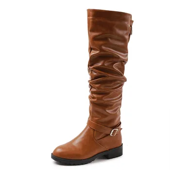 

2019 New Women's High Heels boots Pu Shoes woman Round head Solid Color Side zipper Square heel Women's Winter boots Size 35-43