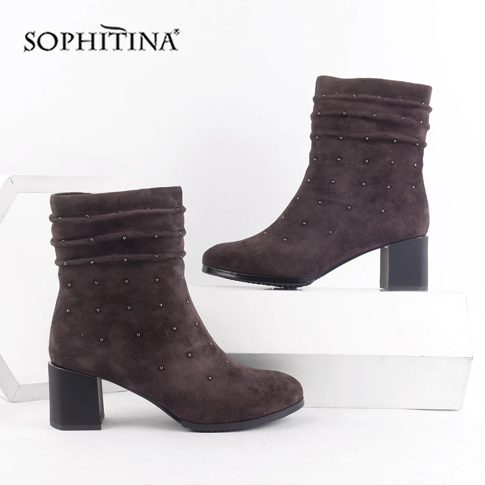 

SOPHITINA Solid Fashion Design Boots High Quality Kid Suede Comfortable Round Toe Square Heel Shoes Ankle Women's Boots SC502