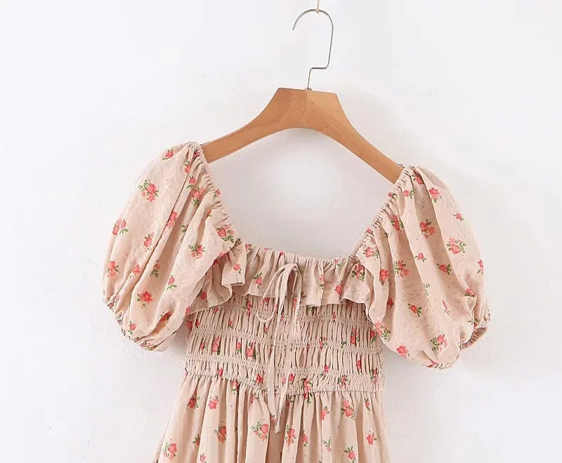 TEELYNN, винтажное платье с гофрированным бюстом, с пышными рукавами, boho, платья средней длины для женщин, хлопковое летнее платье с цветочным принтом, богемное платье