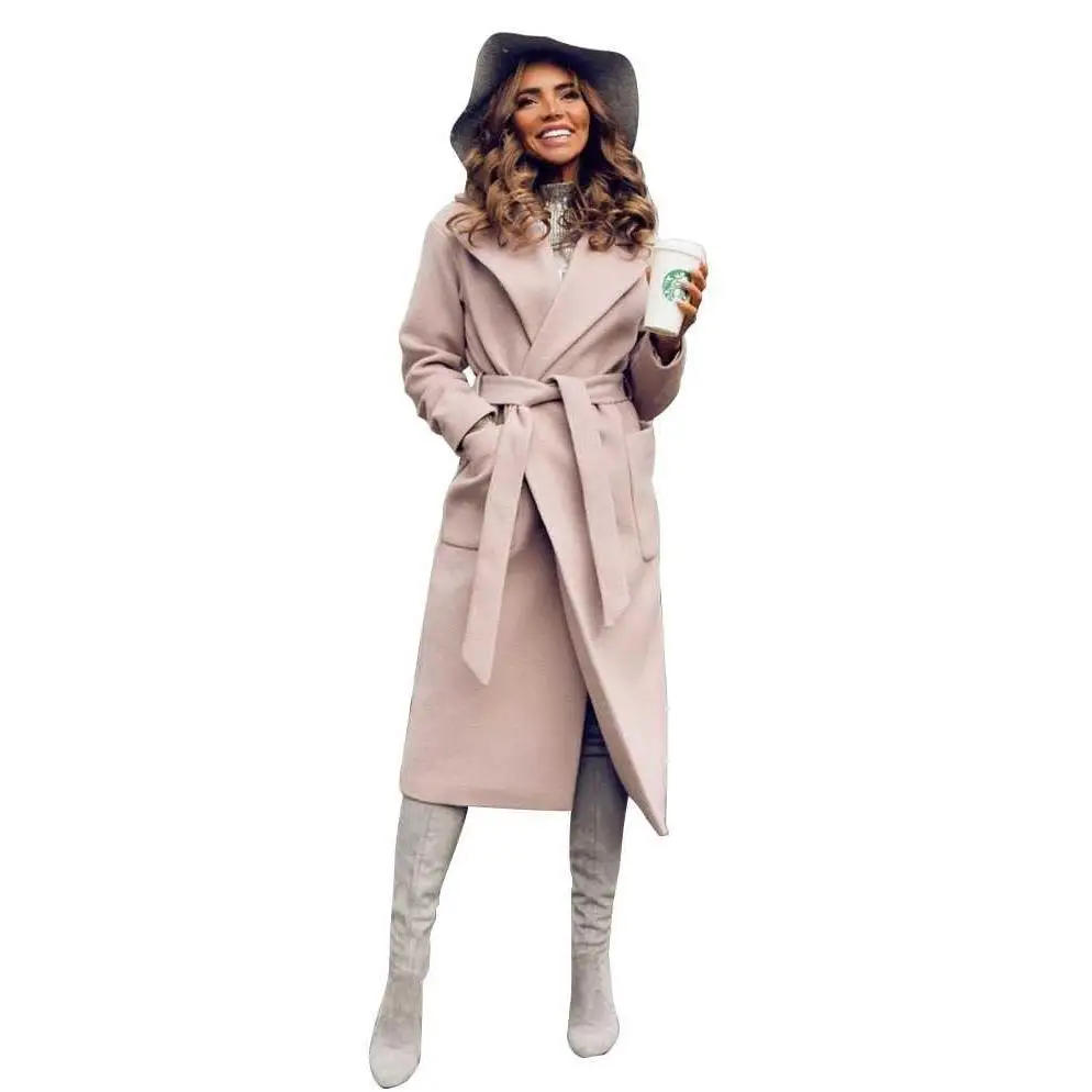 Luzuzi/Элегантное зимнее длинное пальто, Женское пальто с отворотом, 2 кармана, с поясом, однотонные куртки, пальто, женская верхняя одежда, большие размеры