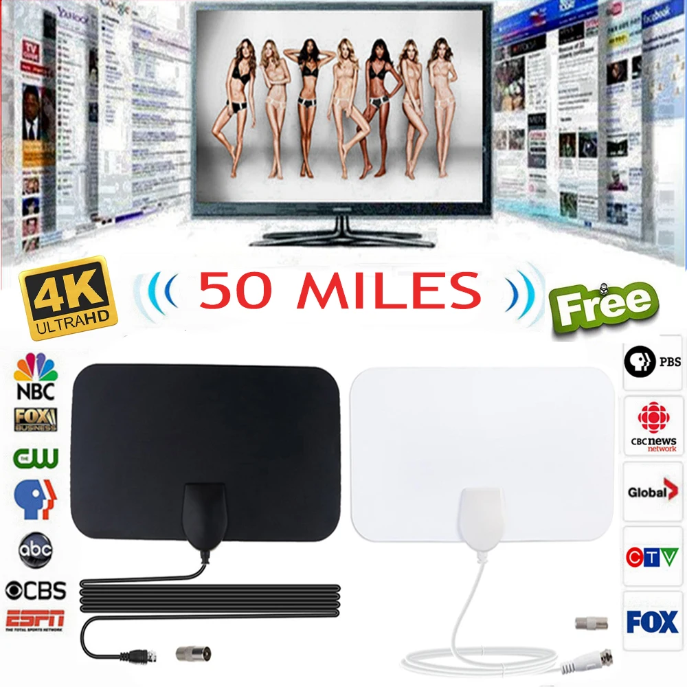 50 Miles Крытый 4K антенна ТВ 25 дБ с высоким коэффициентом усиления HD ТВ блок DTV цифровой усилитель телеантенны активная Крытая антенна HD плоский дизайн