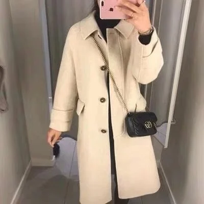 Размера плюс 3XL! зимнее шерстяное пальто для женщин с нагрудным карманом, шерстяное пальто, длинное шерстяное пальто, верхняя одежда - Цвет: beige
