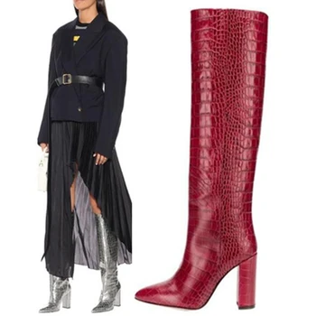 

Siddons Autumn Crocodile Skin Women Knee High Boots Pointed Toe Sexy High Heels Slip On Ladies Winter Runway Shoes Woman Botas