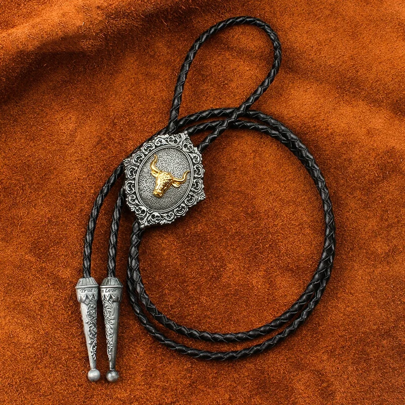 Винтажный ковбойский мужской галстук BOLO, клипса, сетка, крест, золотая голова быка, из искусственной кожи, веревка