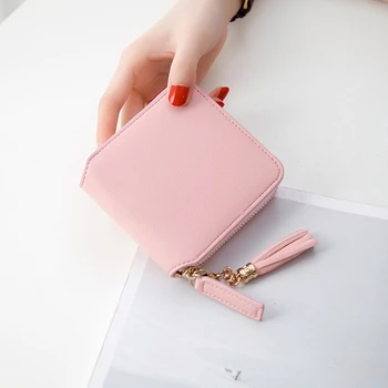 

Women Short Wallets PU Leather Female Pink Purses Tassel Card Holder Wallet Fashion Woman Small Zipper Wallet With Coin Purse