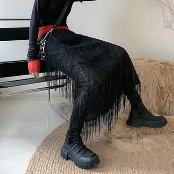 

loose High Waist Lace Tassel Skirt Black Women Clothes 2020 Spring New Fashion Elastic Waist Match All Slim Skirt ZLL4836