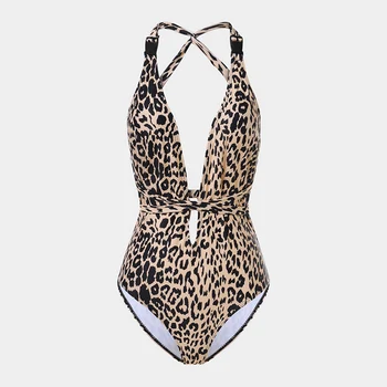 

Women Bodysuit Leopard Print Deep V Neck Backless Fashion Lace Up Ladies Overalls Sexy Beach Bodysuits Female Jumpsuits 2020