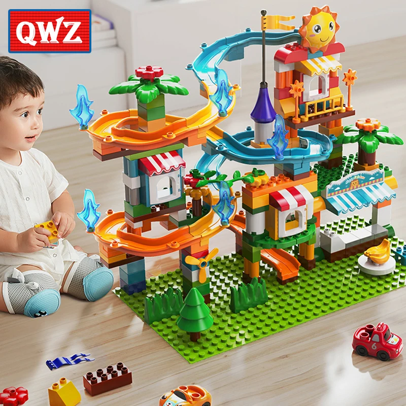 

QWZ New Marble Run Big Size Building Blocks Compatible Duploed Funnel Slide DIY Bricks Toys For Children Kids Christmas Gift