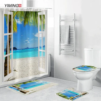 

3D sea view seaside scenery shower curtain set non-slip foot pad toilet seat cushion shower curtain bathroom decoration set