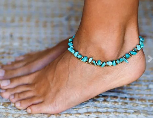 

Supply of Goods Summer without Shoes Beach Double Layer Foot Ornaments Ball Bead Chain Irregular Turquoise Anklet