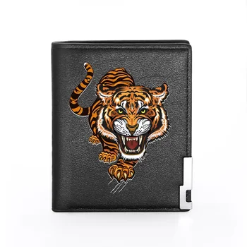 

High Quality Tiger Printing Black Leather Wallet Fashion Men And Women Credit Card Holder Short Purse