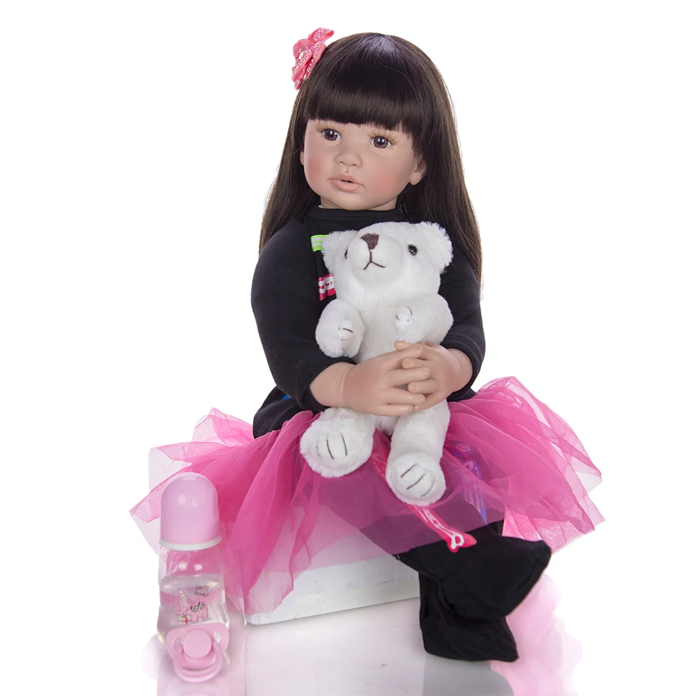 

60CM high quality reborn toddler Girl doll in black dress bebe doll reborn 6-9Month real baby size doll gift