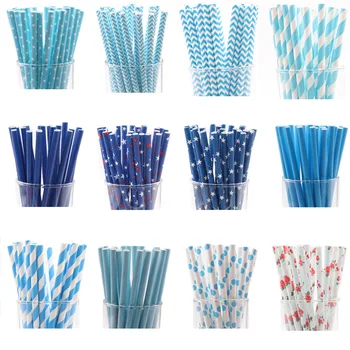 

100pcs/lot Paper Straws - Navy Blue and White - Stripe Chevron Polka Dot Drinking Birthday Supplies Mermaid Party Supplies
