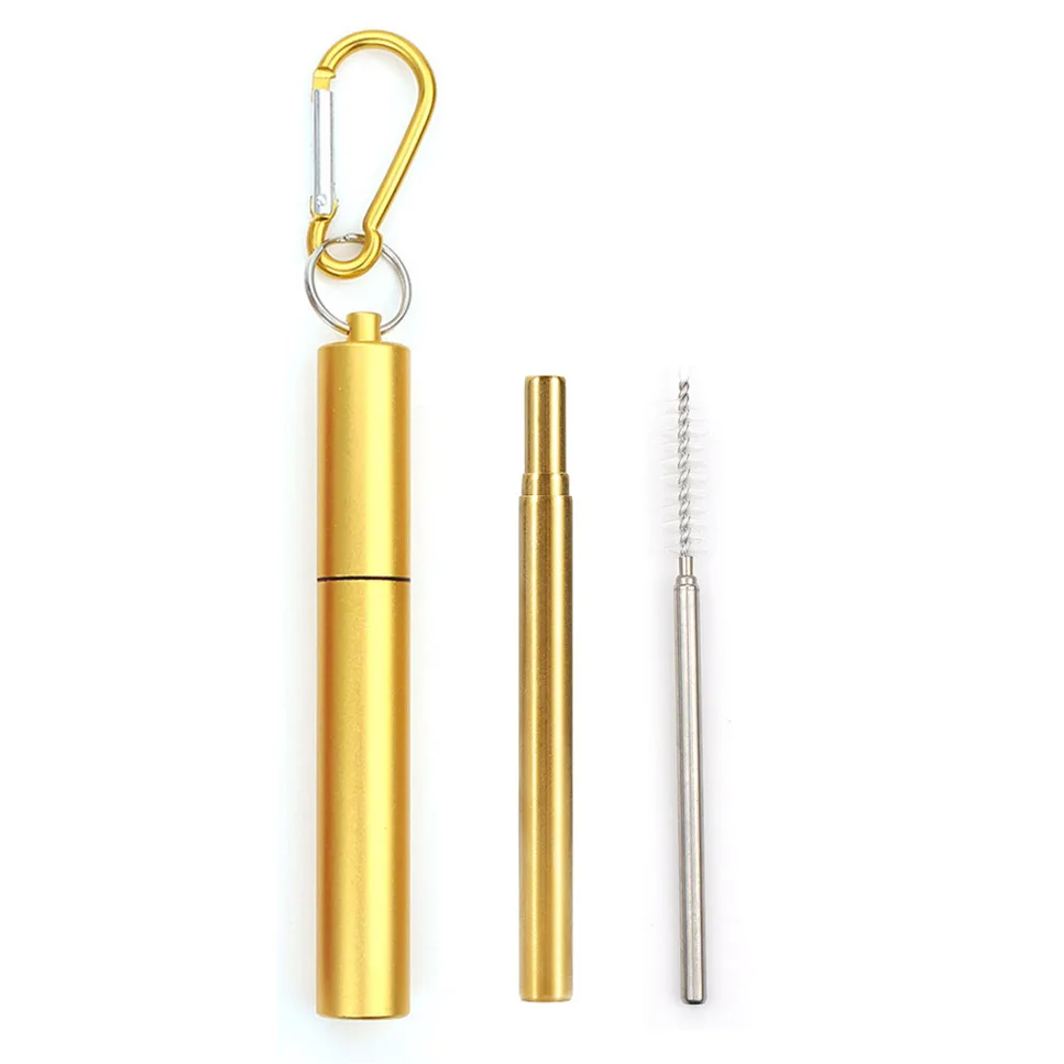 Telescopic Metal Drinking Straw Collapsible Reusable Straw Portable Stainless Steel Straw with Case and Brush for Travel Outdoor - Цвет: Goldping