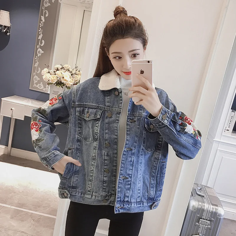 

2019 Autumn And Winter New Style Korean-style Brushed And Thick Embroidered Lambs Wool Cowboy Cotton Overcoat Women's Loose-Fit