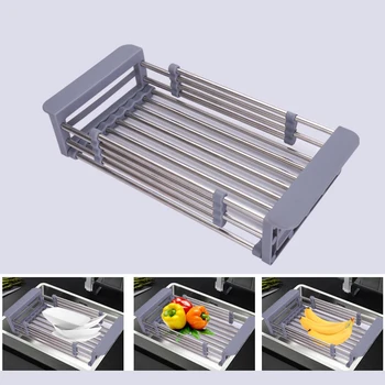 

Stainless Steel Adjustable Telescopic Kitchen Over Sink Dish Bowl Drying Rack Fruit Vegetable Holder Drainer Storage Organizer