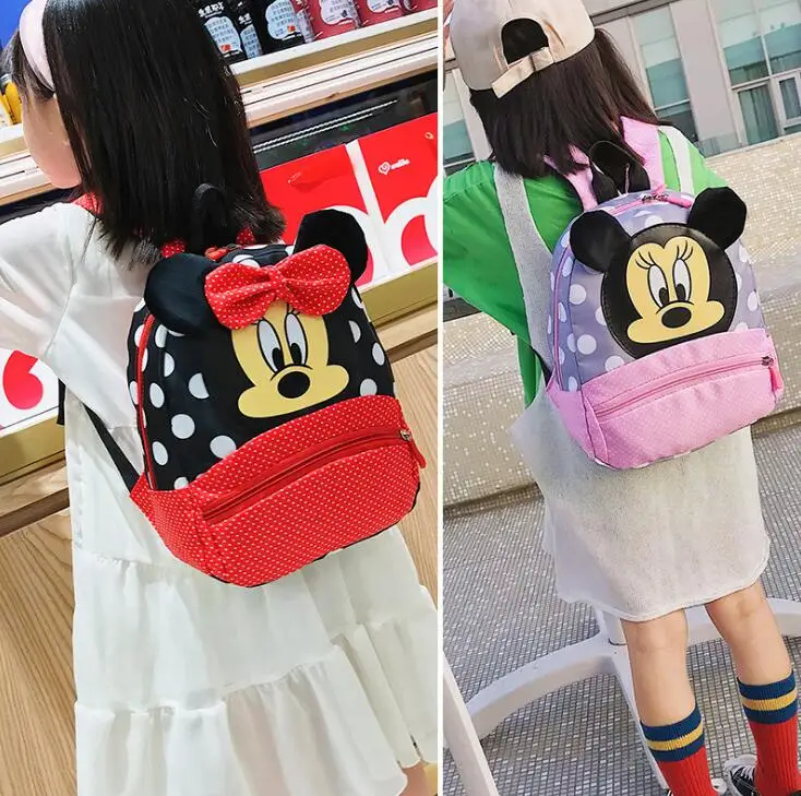Mochila de Disney para niños y niñas, bolsa de viaje de dibujos animados de Minnie, Mickey, Mickey, guardería, pequeña, escolar, mochila de lona roja