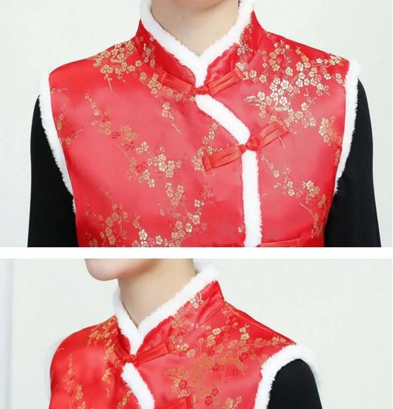 Chinese Traditional Women Cotton Vest Autumn Winter Jacket Satin Tang Suit Ladies Casual Red Keep Warm Clothes Women Chinese Shirt Women Cheongsam Waistcoat