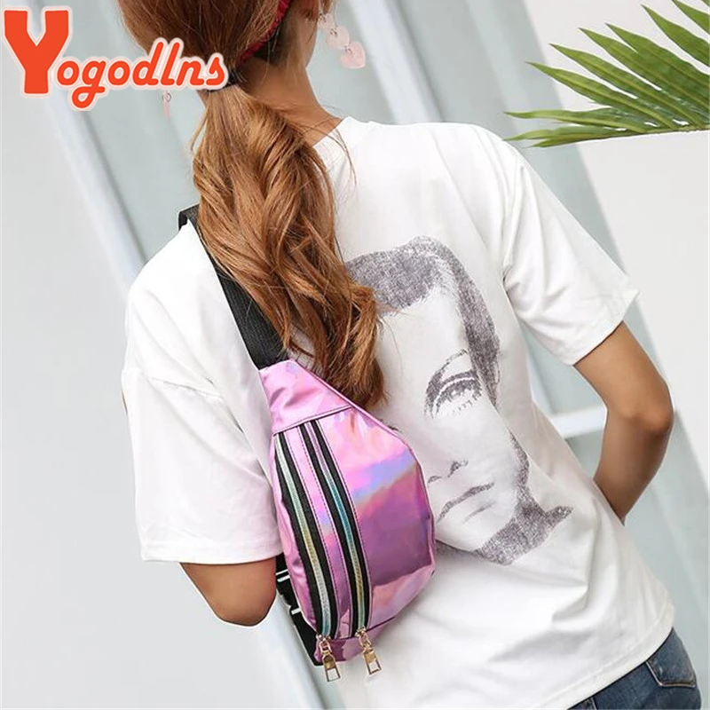 Yogodlns Fashion Glossy Laser Pack with Adjustable Strap Women Sports Crossbody Bag Double Zipper Bag Purse for Girl