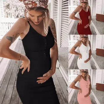 

bunvel Casual Maternity Dresses Summer Sleeveless Button Solid Color Dress Bodycon Pregnant Women Sundresses Vestidos