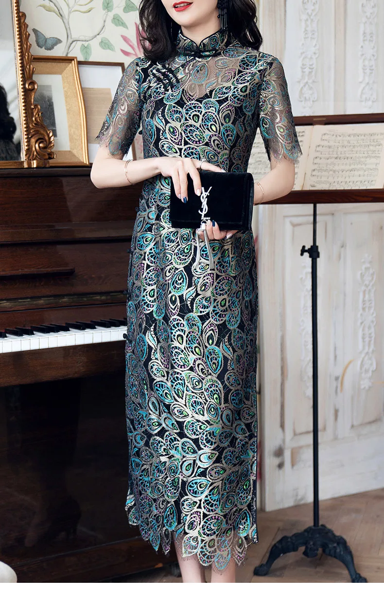 Напрямую от производителя продажи Кружева Cheongsam женские стиль элегантный винтажный Улучшенный китайский стиль летнее платье 90297