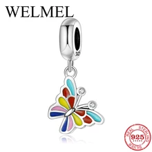 Аутентичные стерлингового серебра 925 пробы с красочными цветками, бабочками эмалевые Бусины fit Pandora Браслеты Сделай Сам женские ювелирные изделия