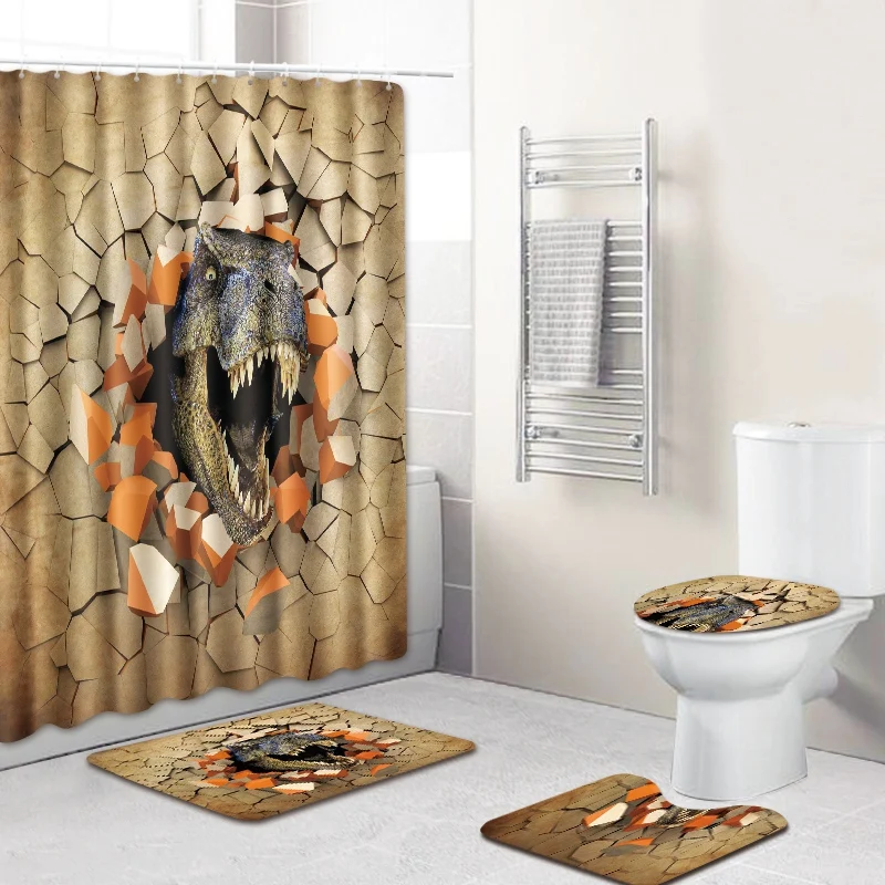 Dinosaur pattern 180X180Cm Waterproof Bathroom Shower Curtain Toilet Cover Mat Non-Slip Rug Set 6 Hooks - Цвет: Dinosaur pattern