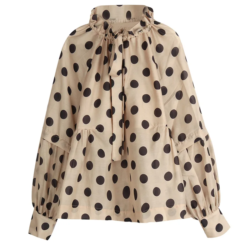 Женская одежда, рубашка в горошек, Женская Осенняя рубашка с круглым вырезом, Новые Топы с длинными рукавами, модная Свободная рубашка с рукавами-фонариками, Женское пальто