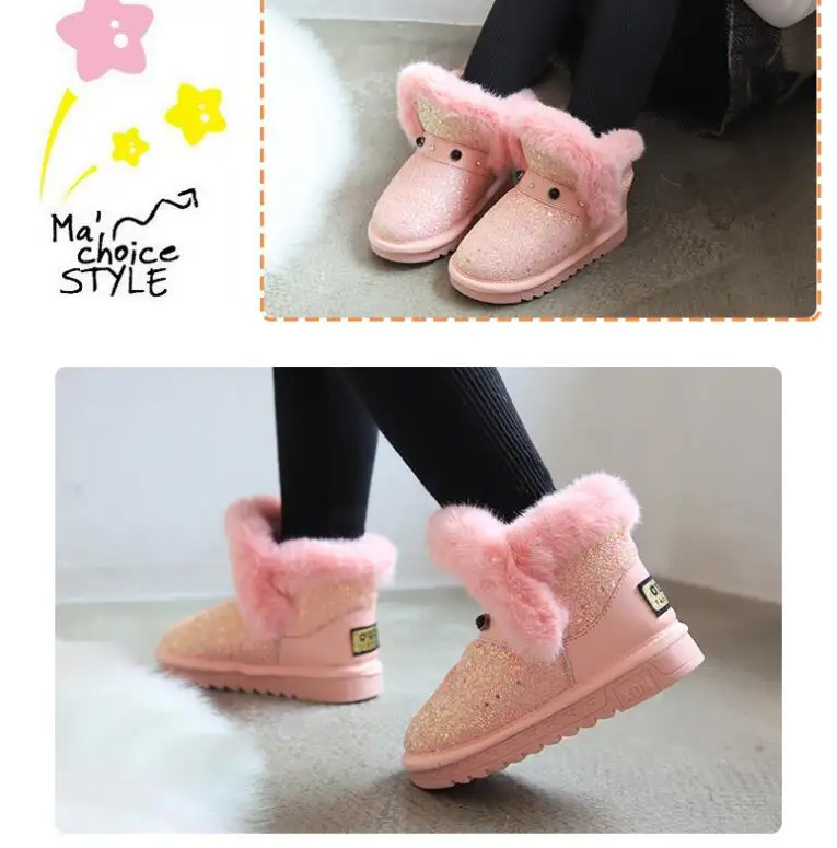 New Winter Children Snow Boots For Baby Girl Boy Fashion Glittering Sequins Kids Warm Cotton Shoes Soft Leather Girls Boots Pink
