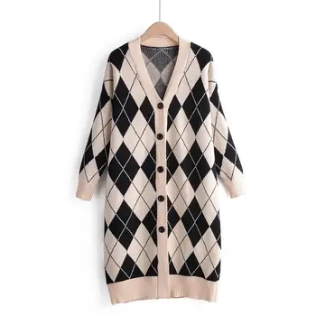 

Women's Sweaters Autumn Winter Casual Plaid V-Neck Cardigans Single Breasted Loose Sweaters