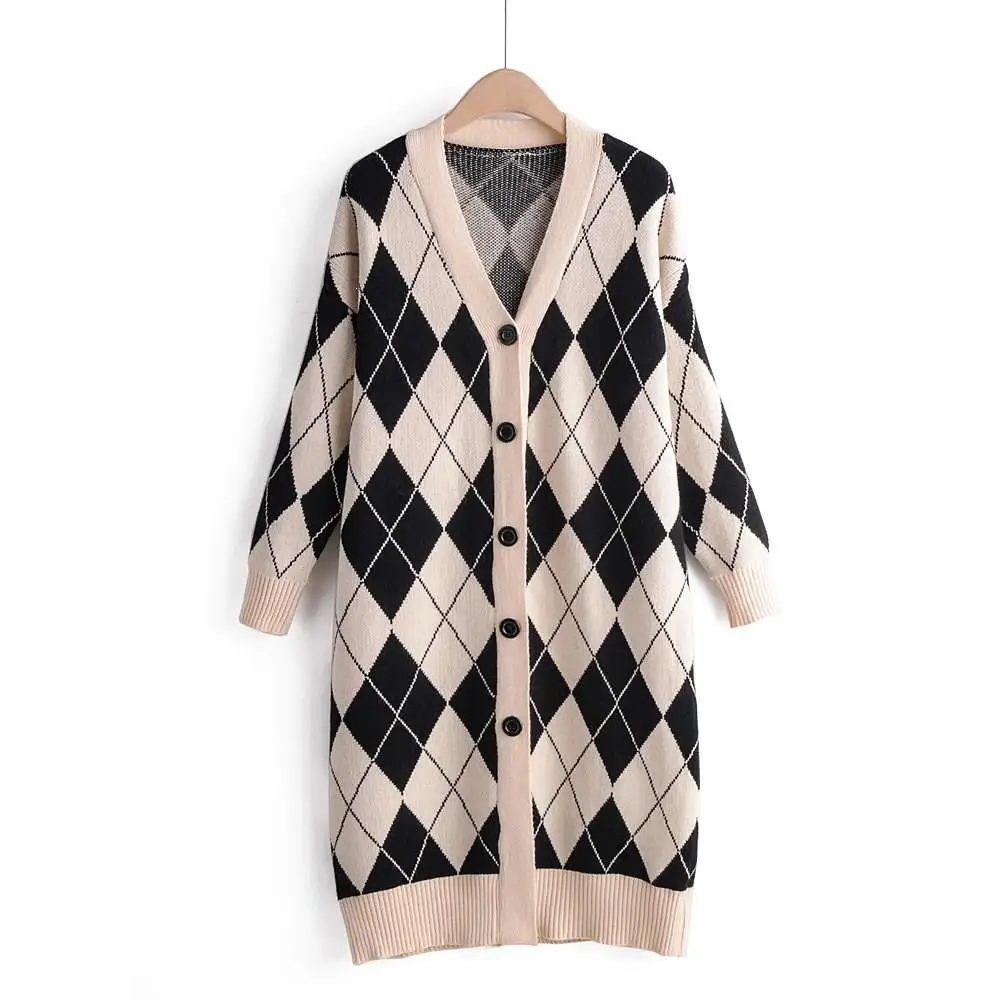 ^Cheap Women's Sweaters Autumn Winter Casual Plaid V-Neck Cardigans Single Breasted Loose Sweaters