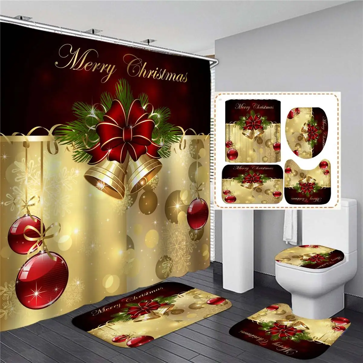 Merry Christmas Печатный экран для ванной занавеска для душа Водонепроницаемый Санта Клаус Снеговик набор штор для ванной комнаты Нескользящие коврики для туалета крышка - Цвет: Golden Bell Bow