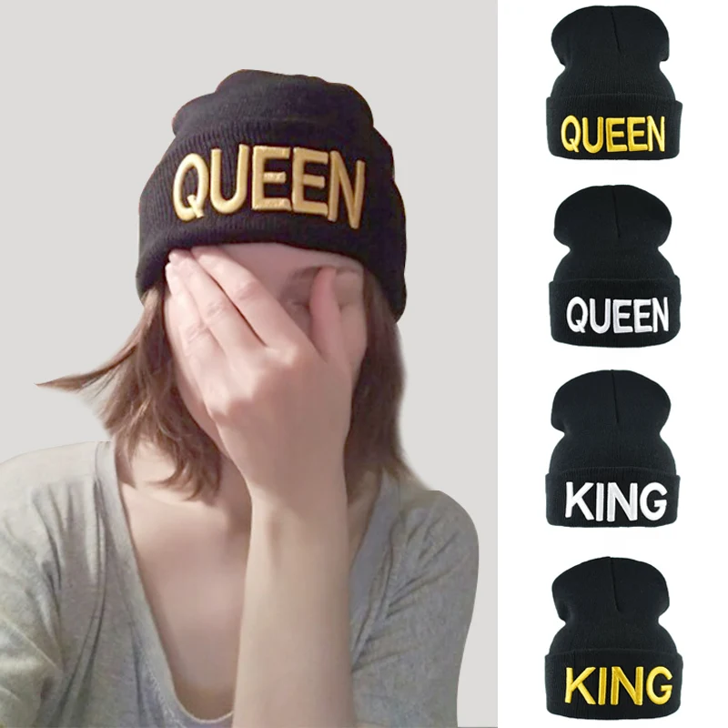 Шапка бини с вышитыми буквами KING QUEEN зимняя теплая вязаная шапка женская в стиле